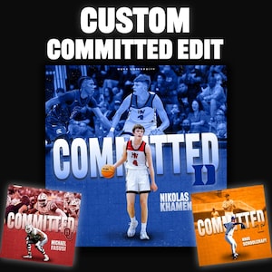 Könnte beinhalten: Ein individueller digitaler Edit mit einem Basketballspieler in einem rot-weißen Trikot, der einen Basketball hält. Das Wort „COMMITTED“ ist prominent dargestellt, zusammen mit dem Text „NIKOLAS KHAMEN“ und „DUKE UNIVERSITY“. Zusätzliche Bilder von Athleten sind ebenfalls enthalten.