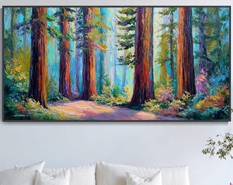 Large Horizontal Redwood Forest Oil Painting Colorful Giant Sequoia Tree Canvas Wall Art Impasto Textured Forest Path Landscape Artwork