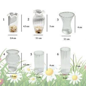 May include: A collection of six small, clear glass vases of varying shapes and sizes. Measurements are provided in centimeters. The vases are displayed against a backdrop of white daisies and green foliage.