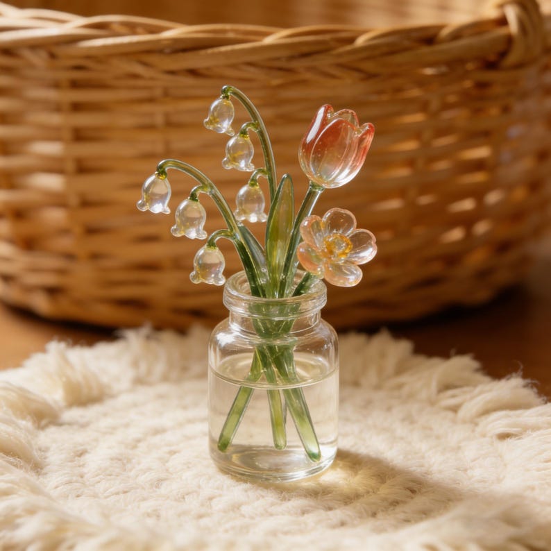 May include: A small glass vase filled with water, holding a delicate arrangement of glass flowers. The arrangement includes lily of the valley, a tulip, and a small flower. The vase sits on a cream-colored, textured surface, with a woven basket in the background.