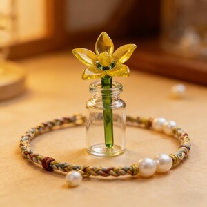May include: A clear glass bottle with a yellow flower and green stem. A braided bracelet with pearls surrounds the bottle. The bracelet has a mix of colors including brown, yellow, and green.