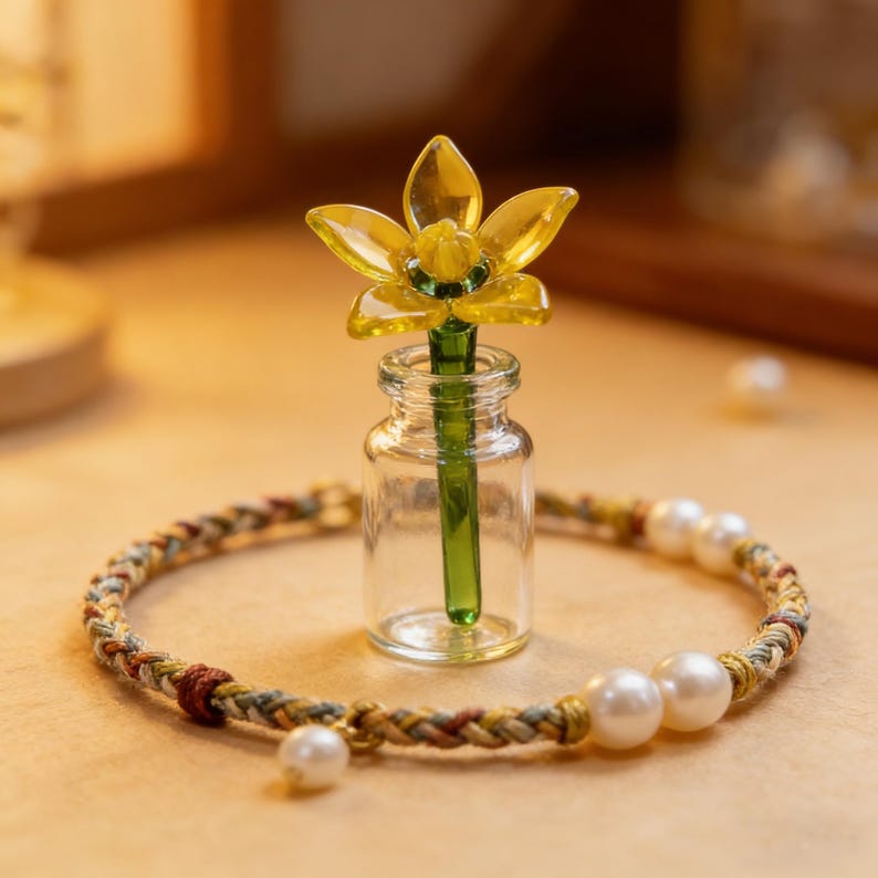 May include: A clear glass bottle with a yellow flower and green stem. A braided bracelet with pearls surrounds the bottle. The bracelet has a mix of colors including brown, yellow, and green.