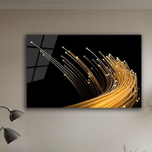 Golden Wave Tempered Glass Wall Art: Luxury Black and Gold Abstract Decor