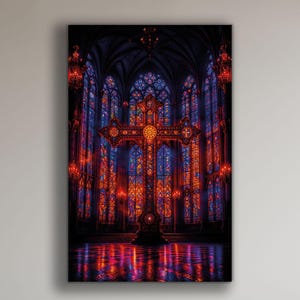 Croce in vetro colorato della cattedrale gotica – Stampa artistica murale religiosa vibrante