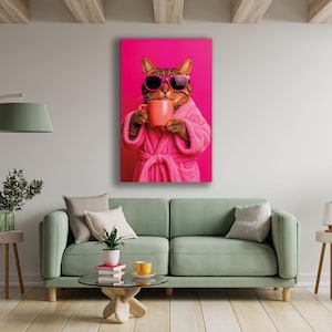 Cool Cat Glass Wall Art – Funny Tabby in Pink Robe with Coffee | Quirky Modern Decor | Playful Humor-Insp