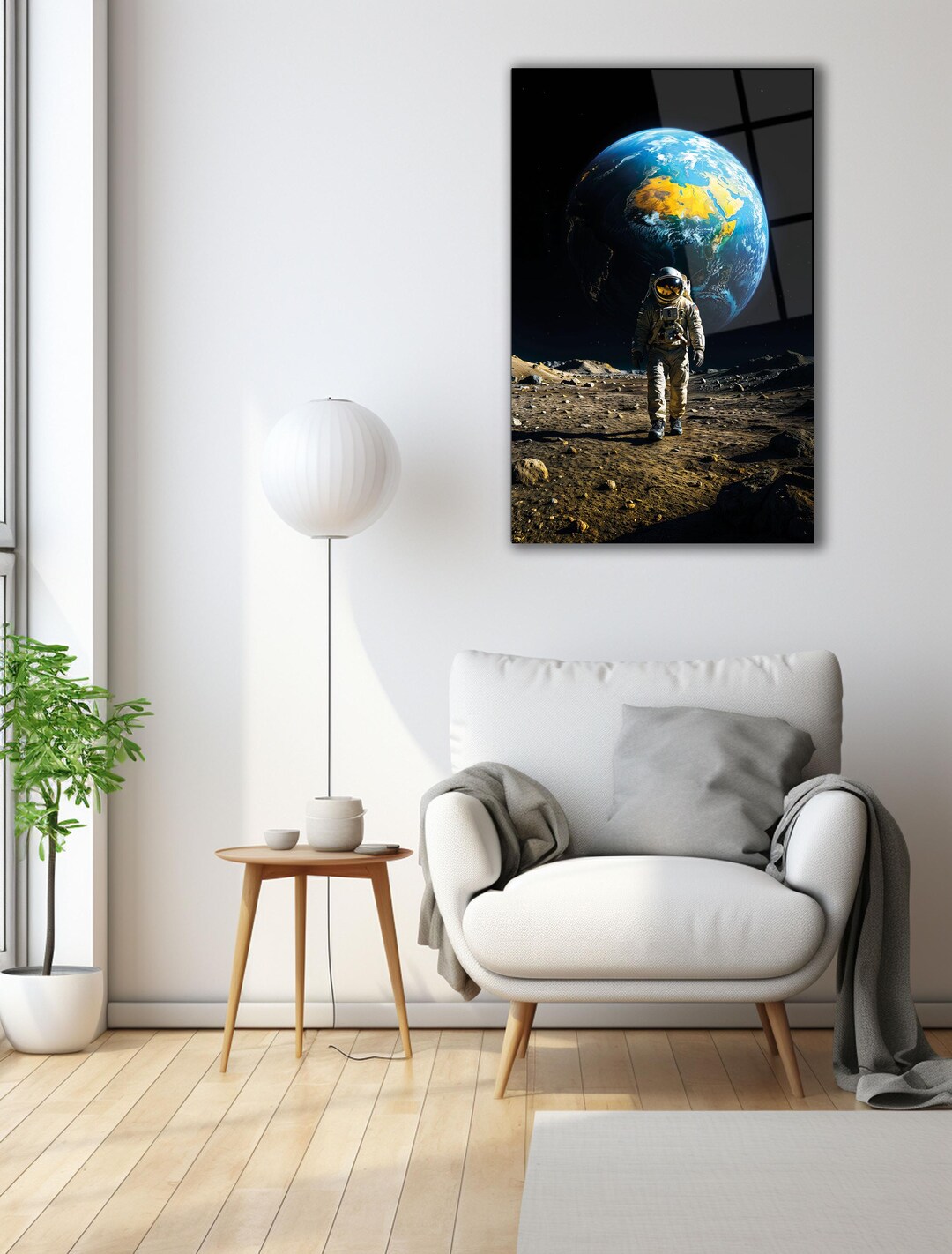 Astronaut on the Moon Glass Art – Earth View Cosmic Wall Decor ...