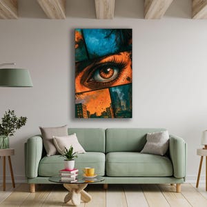Abstract Eye Art – Glass Wall Print | Orange Blue Modern Decor | Surreal Cityscape Artwork