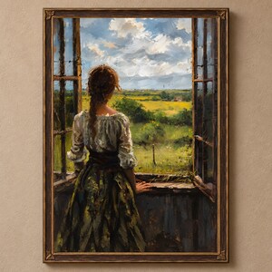 Puede incluir: Una pintura al óleo en un marco oscuro y ornamentado que muestra a una persona con el cabello trenzado ante una ventana abierta. La persona viste una blusa blanca y una falda verde oscuro, mirando hacia un campo amarillo bajo un cielo nublado.