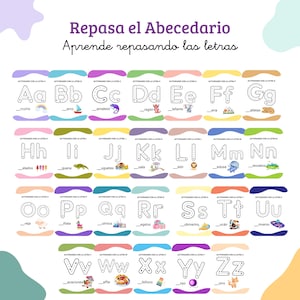 Puede incluir: Un colorido gráfico educativo con el alfabeto español, cada letra acompañada de una ilustración. El gráfico incluye el texto "Repasa el Abecedario Aprende repasando las letras". Las letras están en una fuente grande y clara.