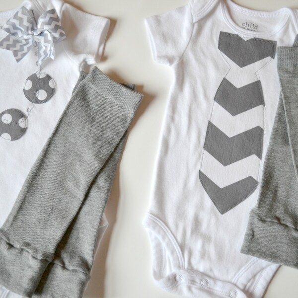 Twin Boy Girl Bodysuits, Necklace, Chevron Tie, Grey Leg Warmers, Arm Warmers, Boy, Girl, Baby, Toddler, 14", Baby Shower Gift, NB - 3T