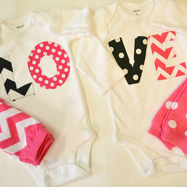 Twin Girl Onesies Bodysuits, LOVE, Ruffle Leg Warmers, Chevron, Polka dots, Pink, Black, White, Valentine's Day, Baby Shower Gift
