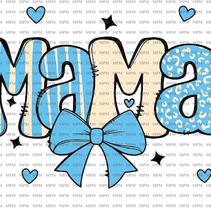 Mama Pink, Blue Leopard Print PNG, Cute Bow Mom Sublimation, Mother&#39;s Day Digital Download, Pink, Blue Heart Mom Clipart, PNG Sublimation