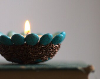 Bohemian Blue Candle Holder, Wire Wrapped Copper Small Bowl, Blue Hematite Witch Candle Holder, Housewarming Gift