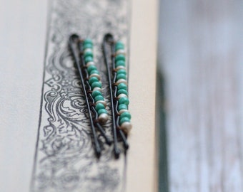 Light Mint Spring Bobby Pins, Gypsy Style Hair Clips, Bohemian Rustic Light Blue Nature Bobby Pins - set of 2