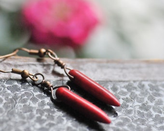 Red Howlite Spiked Earrings, Dangle Spiked Earrings, Nature Inspired Red Gemstone Jewelry, Gift for her