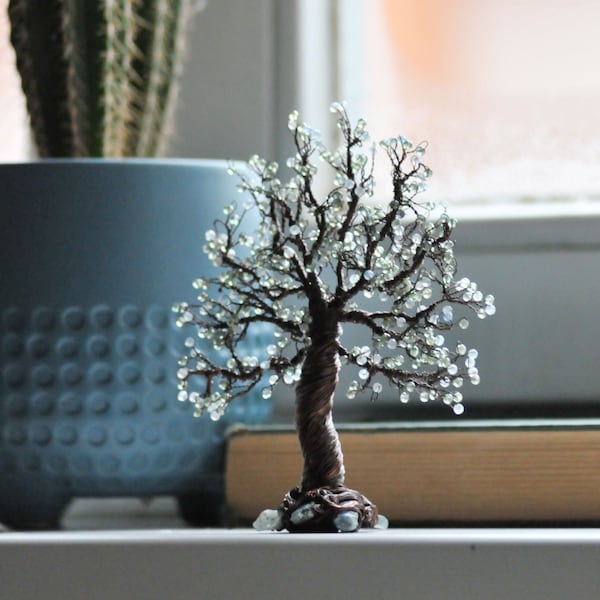 Escultura del árbol de la vida, decoración del árbol de cobre, escultura del árbol de alambre con cuentas de apatita y aguamarina, regalo de bienvenida