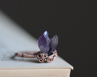 Raw Amethyst Crystal Ring, US size  6,5, Bohemian Witch Natural Jewelry, Wire Wrapped Copper Ring, Gift for Women