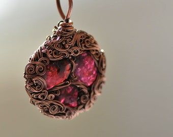 Garnet Necklace, Wire Wrapped Copper Garnet Pendant, Circle Raw Garnet Jewelry, Boho Nature Inspired Jewelry