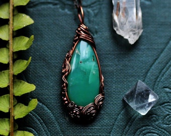 Green Chalcedony Drop Pendant, Copper Wire Wrapped Green Chalcedony Jewelry, Elvish Boho Jewelry, Gift for Nature Lover