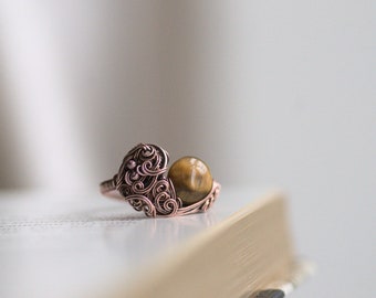 Tiger Eye Ring, US size 7.5, Rustic Woodland Ring with Tigers Eye Bead, Witch Ring, Gypsy Gift for Her, Elvish Style Gift