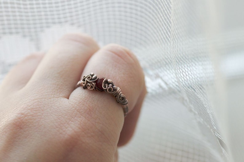 Elvish Rustic Bohemian Jewelry Bloody Red Ring Gift for Her Woodland Elvish Copper Ring Red Crystal Ring