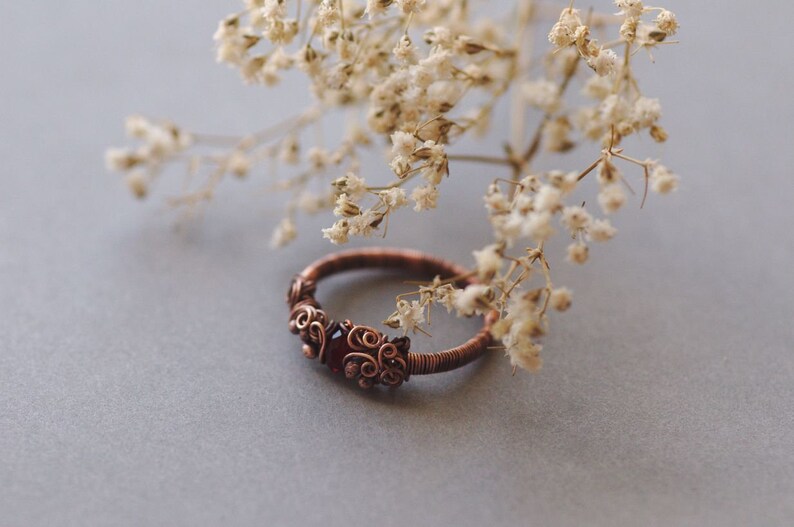 Elvish Rustic Bohemian Jewelry Bloody Red Ring Gift for Her Woodland Elvish Copper Ring Red Crystal Ring