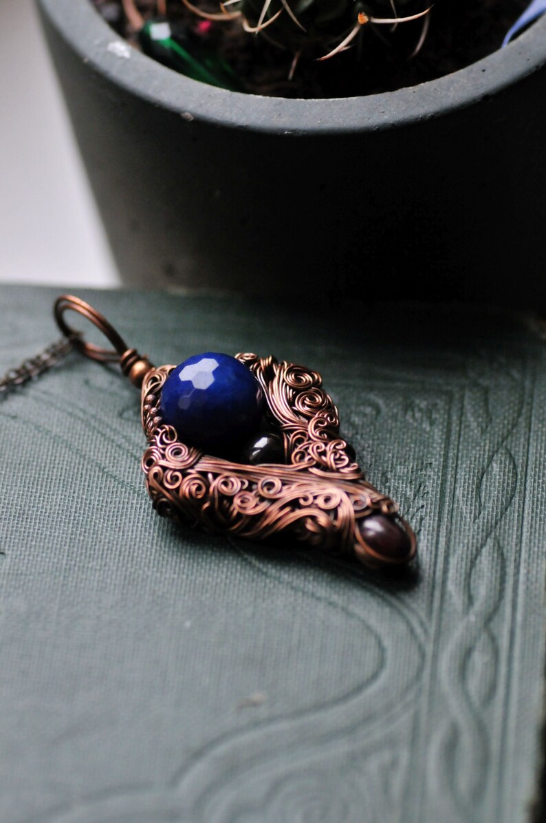 Cobalt Blue Gemstone Necklace, Wire Wrapped Coper Jewelry, Unisex Gift, Gift for Nature Lover image 3