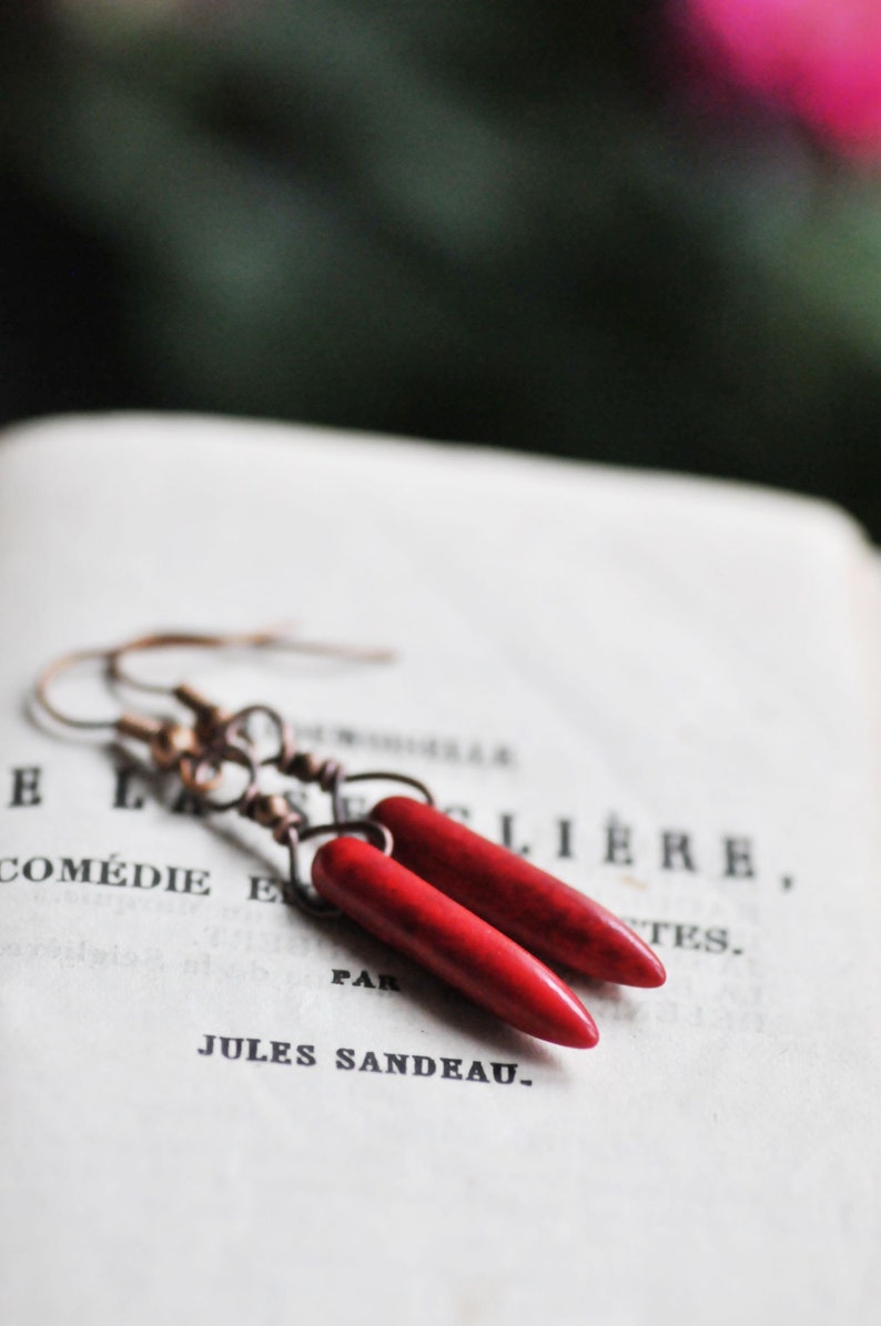 Red Howlite Spiked Earrings, Dangle Spiked Earrings, Nature Inspired Red Gemstone Jewelry, Gift for her image 3