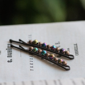 Rainbow Hematite Bobby Pins, Gemstone Goth Bobby Pins Set, Woodland, Dark Boho Gypsy Hematite Hair Pins image 1