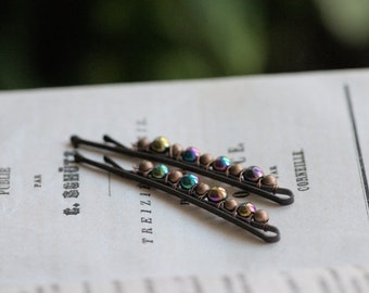 Rainbow Hematite Bobby Pins, Gemstone Goth Bobby Pins Set, Woodland, Dark Boho Gypsy Hematite Hair Pins