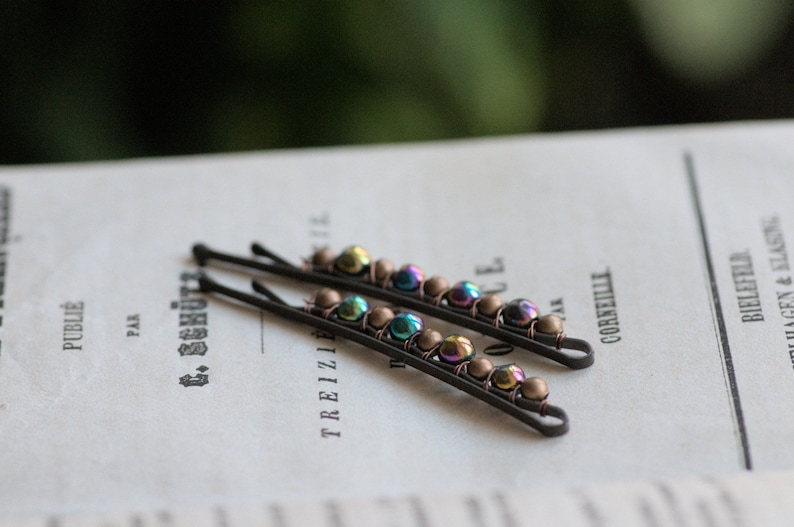 Rainbow Hematite Bobby Pins, Gemstone Goth Bobby Pins Set, Woodland, Dark Boho Gypsy Hematite Hair Pins image 1