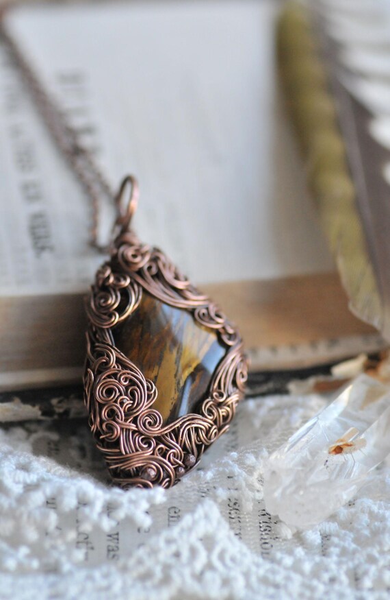 Tiger's Eye Copper Necklace, Wire Wrapped Tigers Eye Autumn
