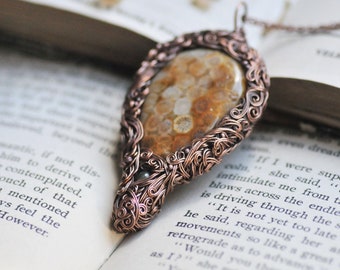 Witchy Fossil Coral Necklace, Unisex Earthy Coral Gemstone Pendant, Gift for Her or Him, Wire Wrapped Copper Jewelry