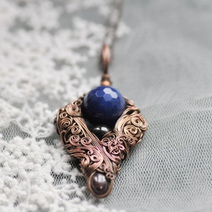 Cobalt Blue Gemstone Necklace, Wire Wrapped Coper Jewelry, Unisex Gift, Gift for Nature Lover image 5