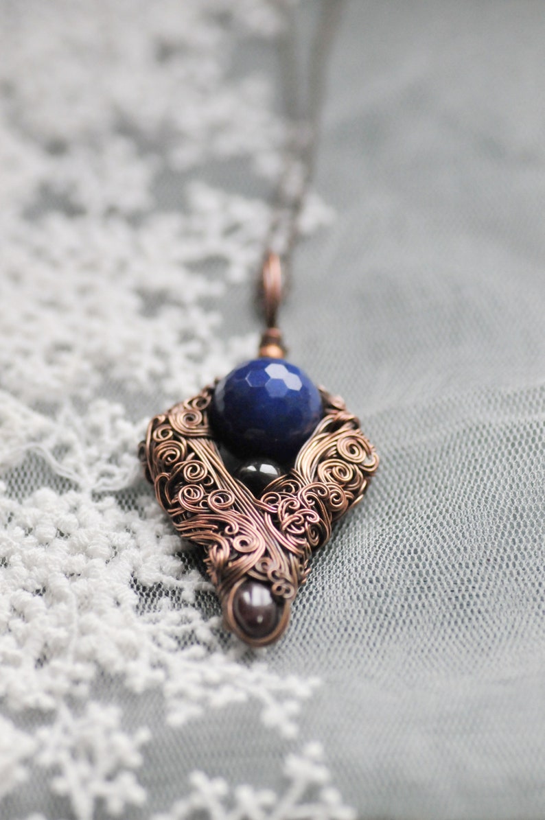 Cobalt Blue Gemstone Necklace, Wire Wrapped Coper Jewelry, Unisex Gift, Gift for Nature Lover image 5