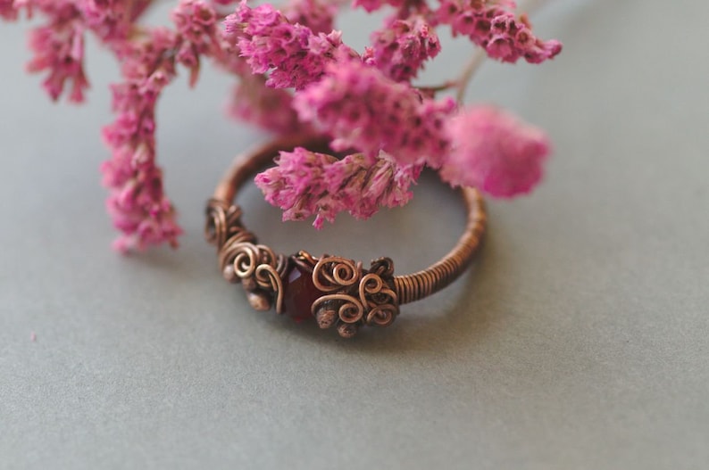 Elvish Rustic Bohemian Jewelry Bloody Red Ring Gift for Her Woodland Elvish Copper Ring Red Crystal Ring