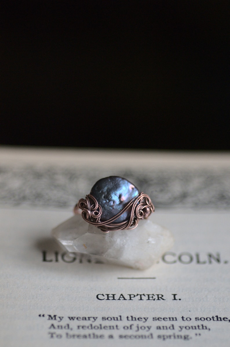 Full Moon Ring, US size 8 or 6.5, Witchcraft Moon Jewellery, Gypsy Gray Freshwater Pearl Moon Ring, Gift for a Witch image 1