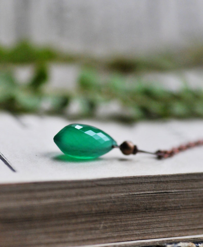 Green Onyx Necklace, Gypsy Natural Onyx Teardrop Necklace, Gift for Women, Boho Witch Jewelry, Green Onyx Jewelry image 1