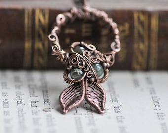 Forest Necklace, Elvish Green Copper Necklace, Fantasy Style Jewelry, Green Wire Wrapped Pendant,  Gift for Fantasy Lover