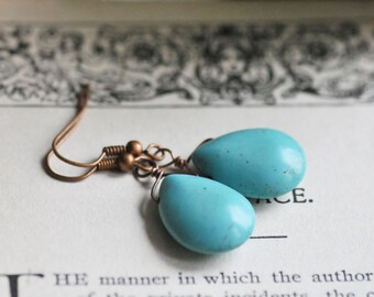 Blue Howlite Drop Earrings, Teardrop Pale Blue Earrings, Blue Jewelry, Single Teardrop Blue Earrings