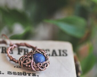 Physis Necklace, Blue Coral Boho Pendant, Nature Inspired Wire Wrapped Copper Jewelry, Blue Coral Jewelry