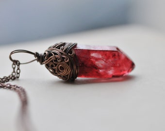 Collier cristal de sang congelé, collier de guérison, pendentif en cristal rouge rustique en cuivre, bijoux de guérison, collier en cristal bohème