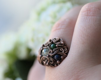 Boho Multistone Ring, US 6.5, Woodland Forest Jewelry, Natural Gemstone Ring for Her, Gift for Nature Lover