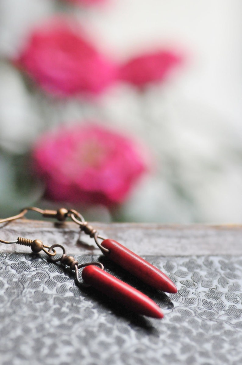 Red Howlite Spiked Earrings, Dangle Spiked Earrings, Nature Inspired Red Gemstone Jewelry, Gift for her image 1