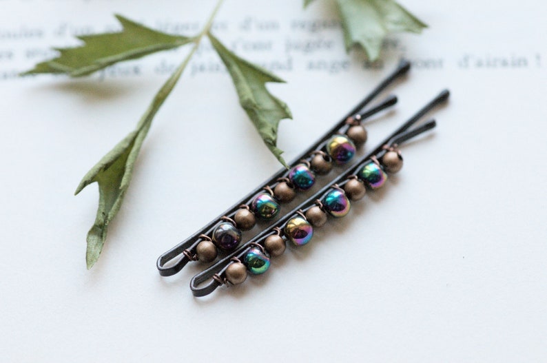 Rainbow Hematite Bobby Pins, Gemstone Goth Bobby Pins Set, Woodland, Dark Boho Gypsy Hematite Hair Pins image 2