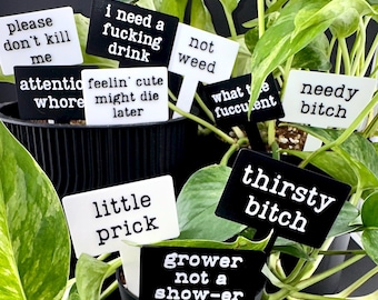 Funny Plant Stakes Set | Sassy Explicit Houseplant Humor | Black or White | Set of 10