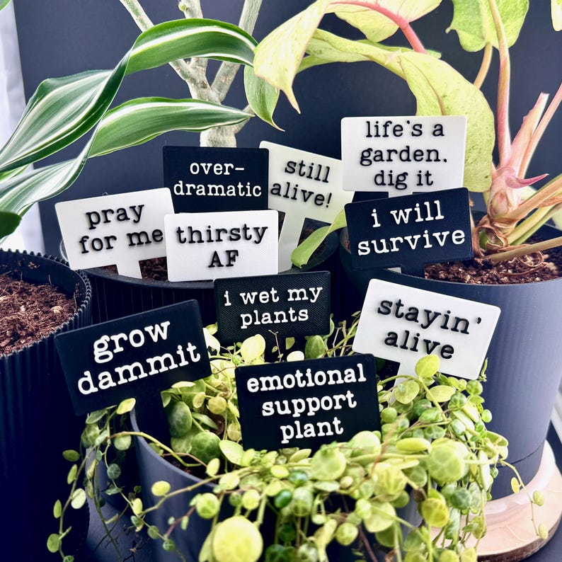 May include: A collection of rectangular plant markers in black and white with various phrases including pray for me, over-dramatic, still alive, life's a garden. dig it, thirsty AF, i will survive, grow dammit, i wet my plants, stayin' alive, and emotional support plant.