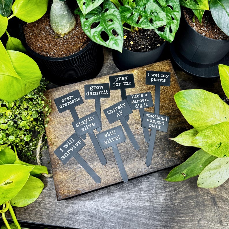 May include: A set of nine black plant markers with white text featuring phrases including "overdramatic," "grow dammit," "pray for me," "I wet my plants," "stayin' alive," "thirsty AF," "life's a garden. dig it," "emotional support plant," and "i will survive."