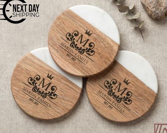 Personalized Marble and Wood Coaster, Custom Engraved Coaster Set, Housewarming Wedding Gift, Family Name Monogram Drink Coaster, Mom Gift