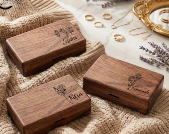 Personalized Birth Flower Jewelry Box, Custom Name Engraved Wooden Jewelry Organizer, Birth Month Flower Jewelry Case,  Mother's Day Gift